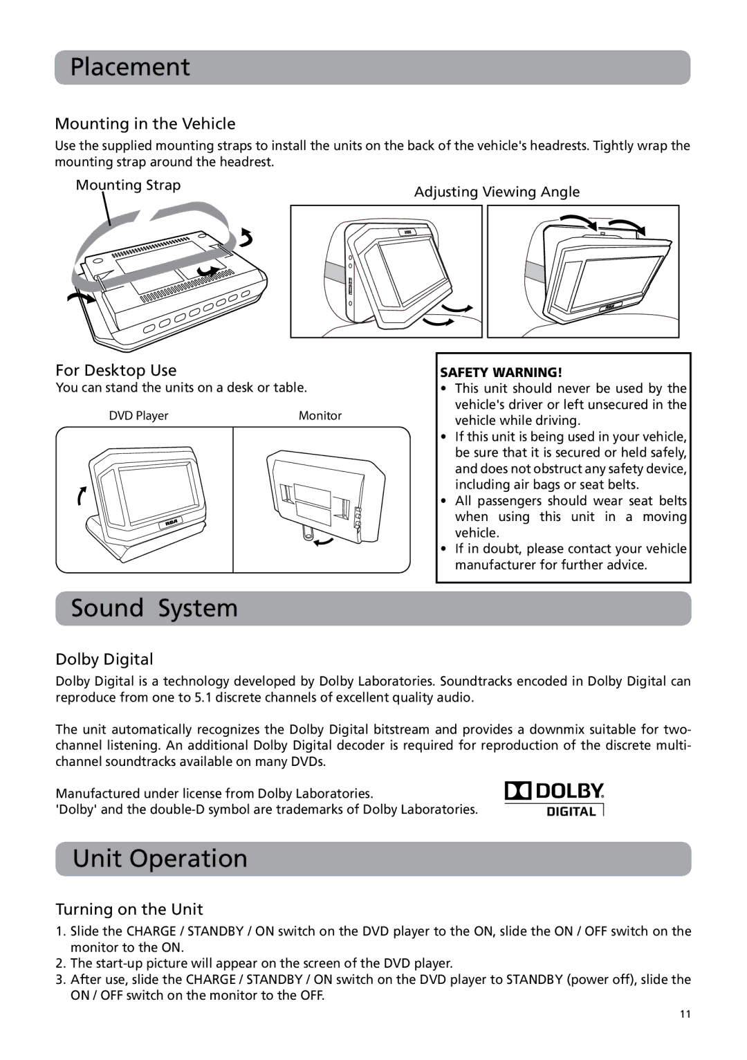 RCA DRC6379T user manual Placement, Sound System, Unit Operation 