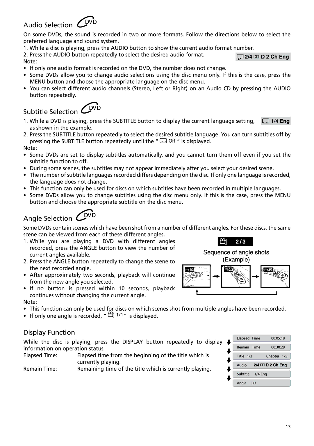 RCA DRC6379T user manual Audio Selection, Subtitle Selection, Angle Selection, Display Function 