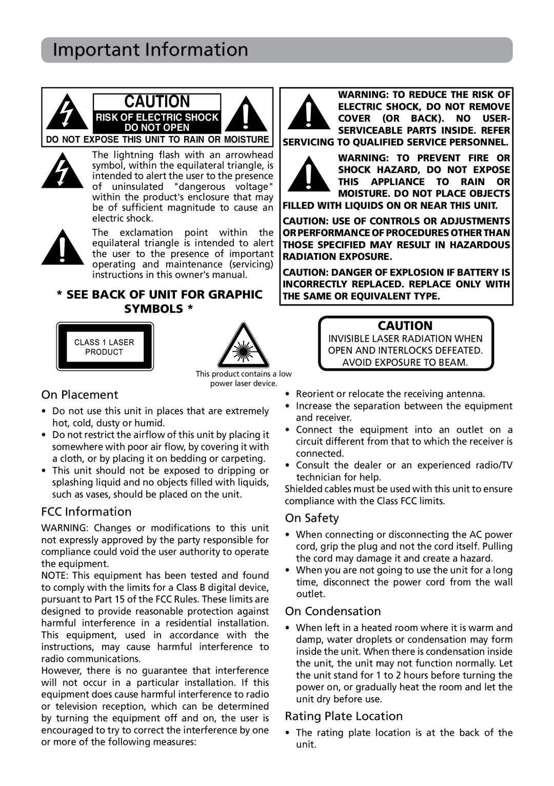 RCA DRC6379T Important Information, On Placement, FCC Information On Safety, On Condensation, Rating Plate Location 