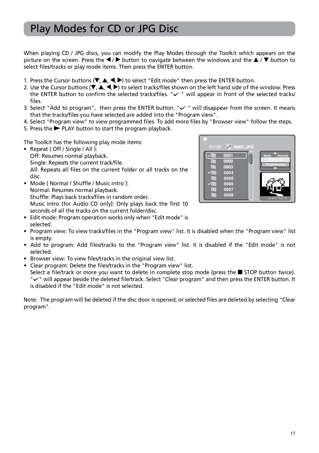 RCA DRC6379T user manual Play Modes for CD or JPG Disc 