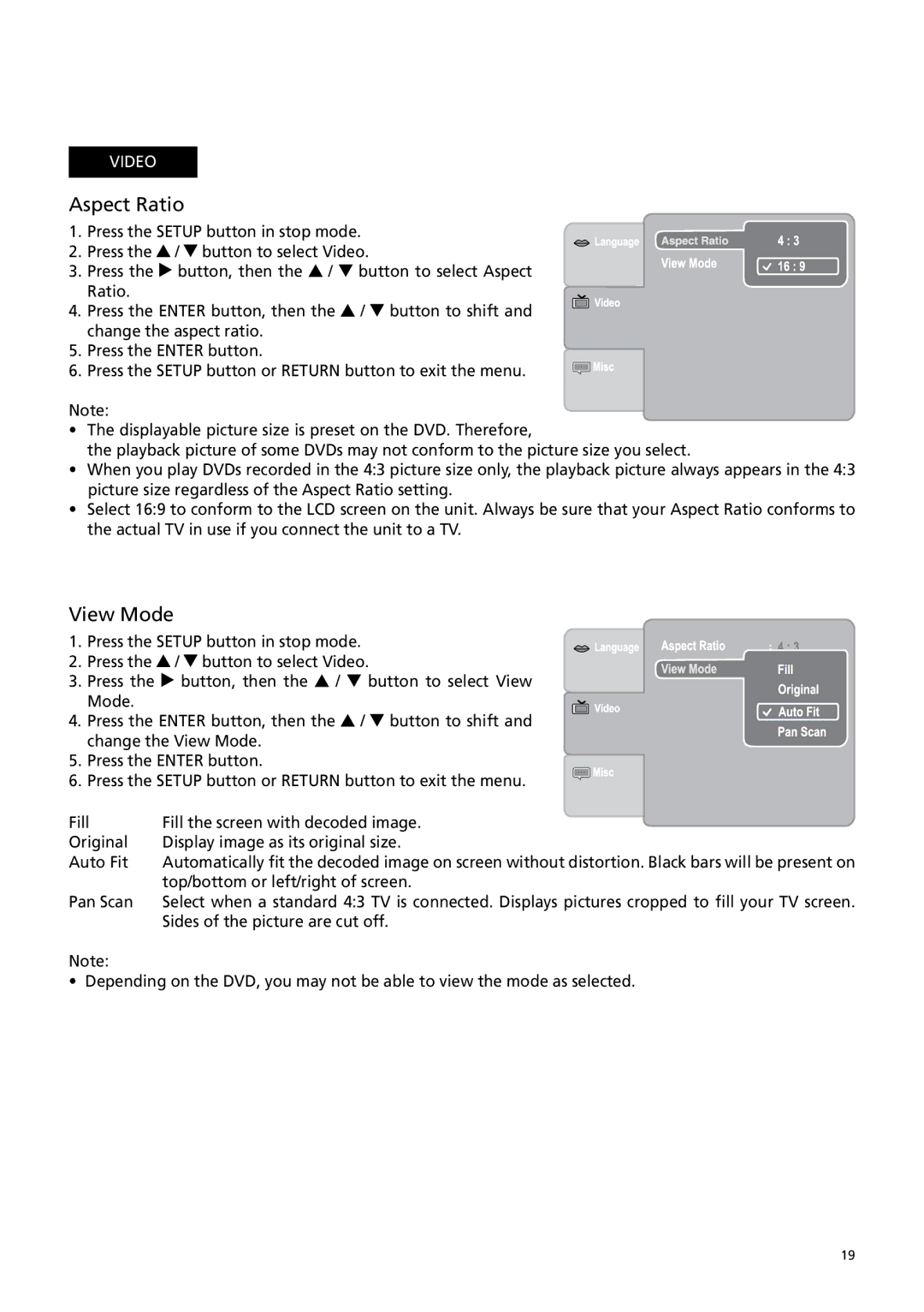 RCA DRC6379T user manual Aspect Ratio, View Mode 