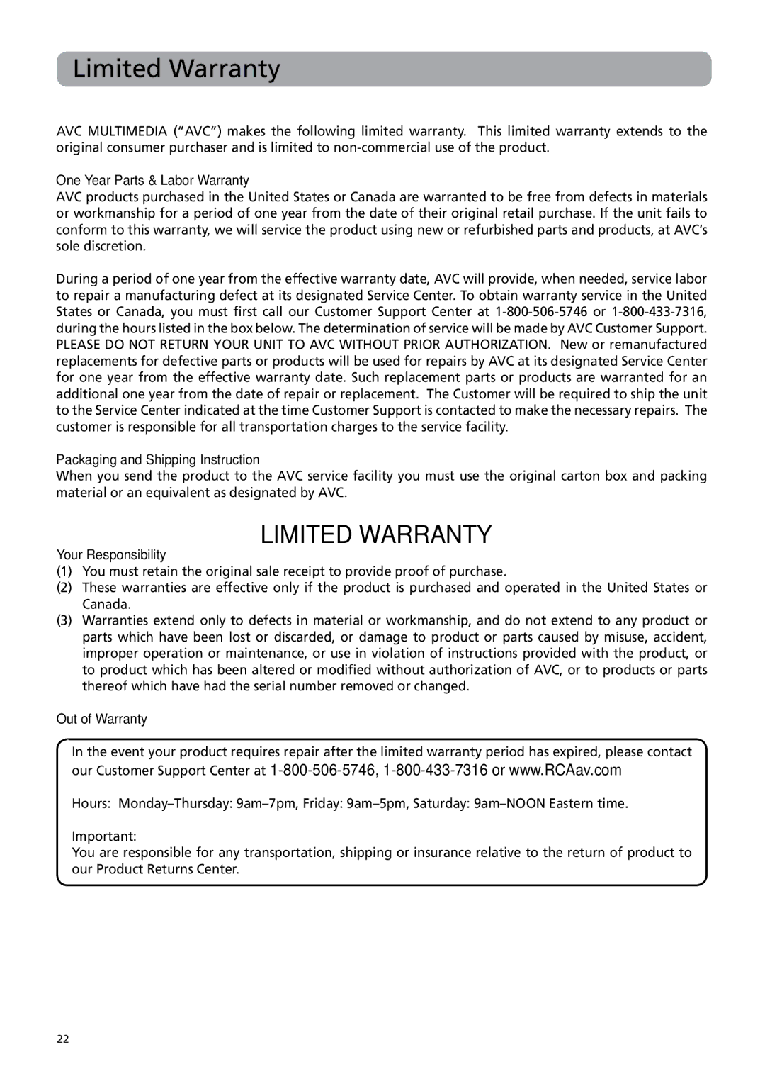 RCA DRC6379T user manual Limited Warranty, One Year Parts & Labor Warranty 