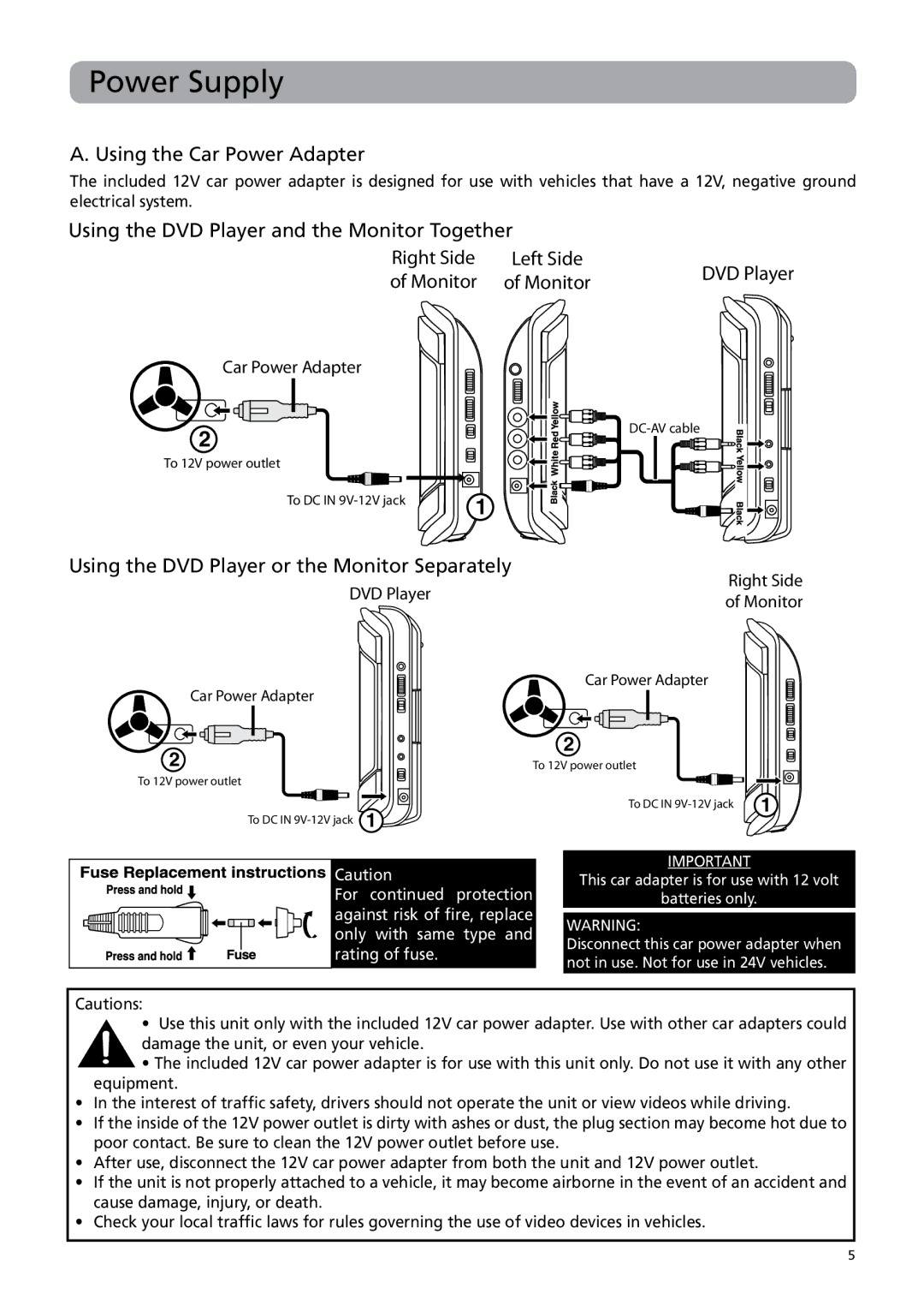 RCA DRC6379T user manual Power Supply, Using the Car Power Adapter, Using the DVD Player and the Monitor Together 