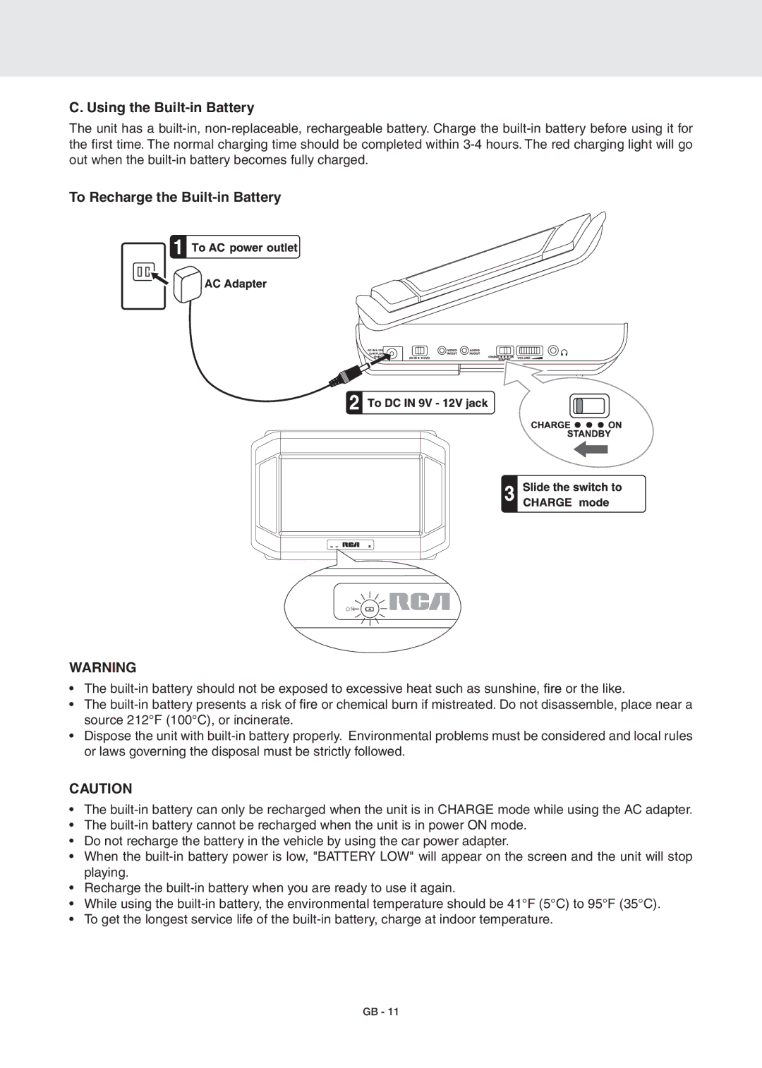 RCA DRC6389T owner manual Using the Built-in Battery, To Recharge the Built-in Battery 