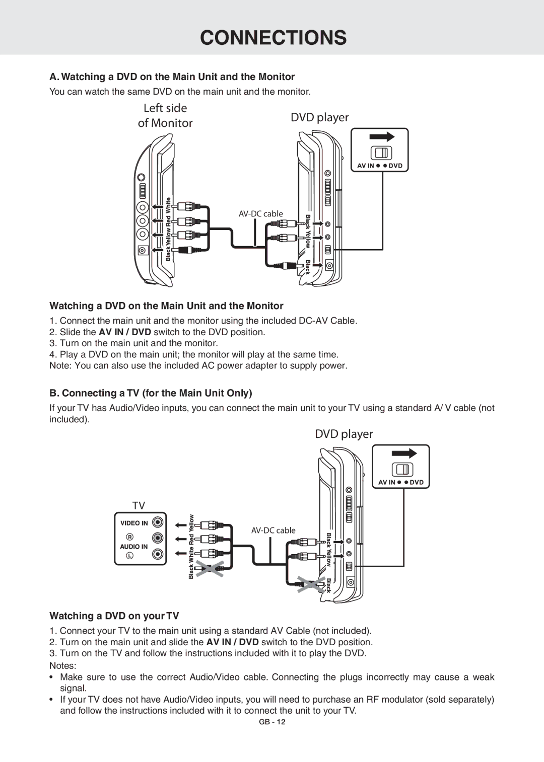 RCA DRC6389T Connections, Watching a DVD on the Main Unit and the Monitor, Connecting a TV for the Main Unit Only 