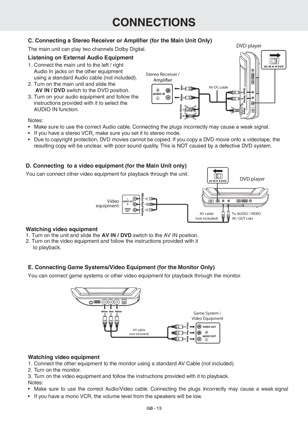 RCA DRC6389T owner manual Listening on External Audio Equipment, Watching video equipment 