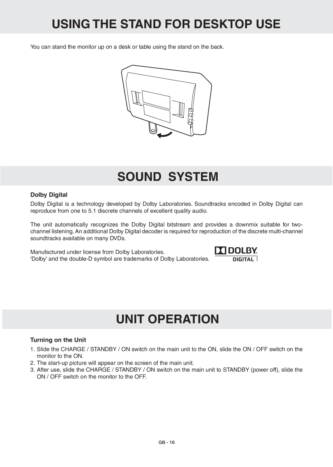 RCA DRC6389T owner manual Using the Stand for Desktop USE, Sound system, Unit operation, Dolby Digital, Turning on the Unit 