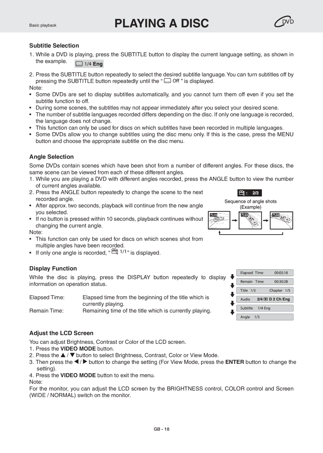 RCA DRC6389T owner manual Playing a Disc, Subtitle Selection, Angle Selection, Display Function, Adjust the LCD Screen 