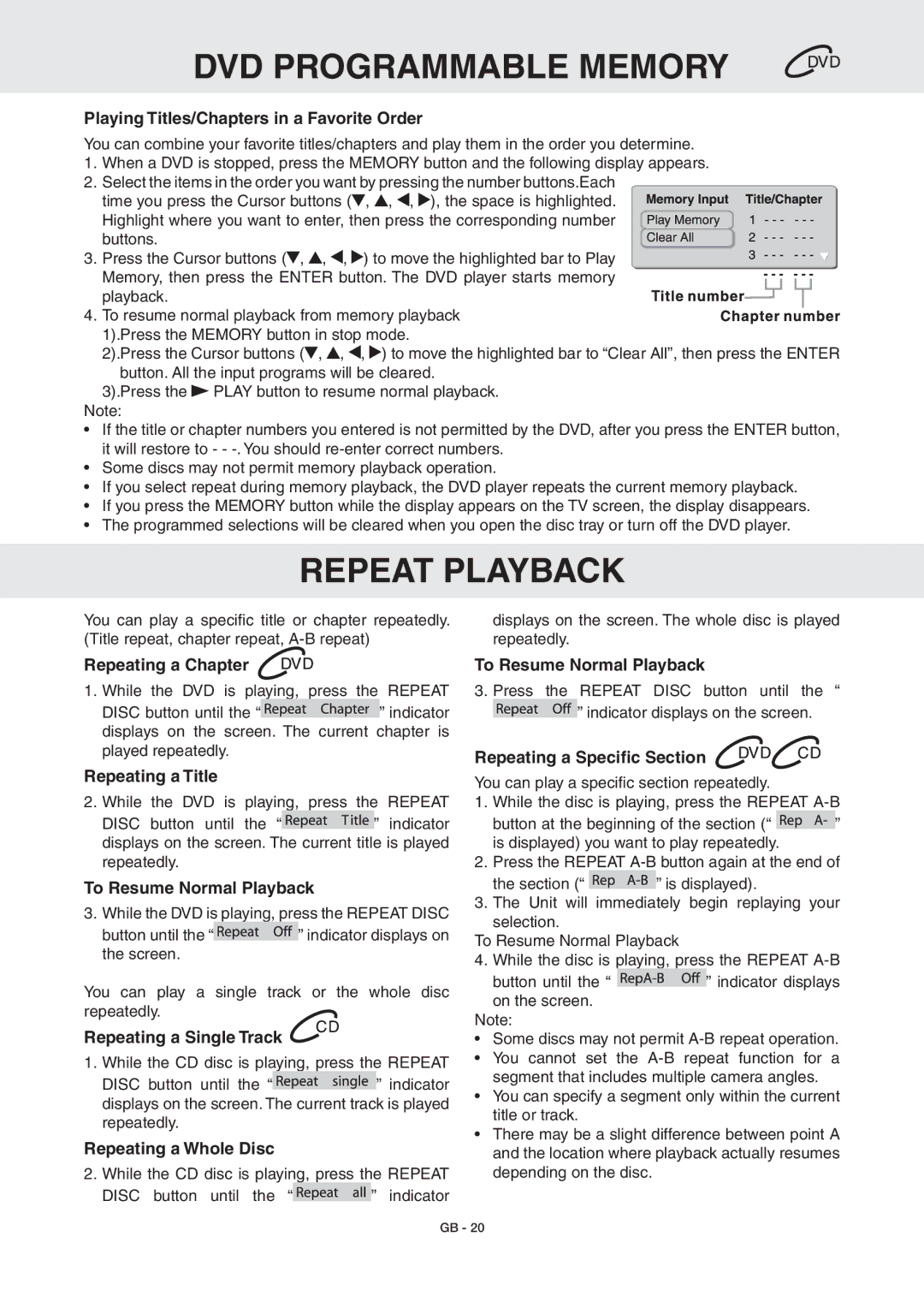 RCA DRC6389T owner manual DVD Programmable Memory, Repeat Playback 