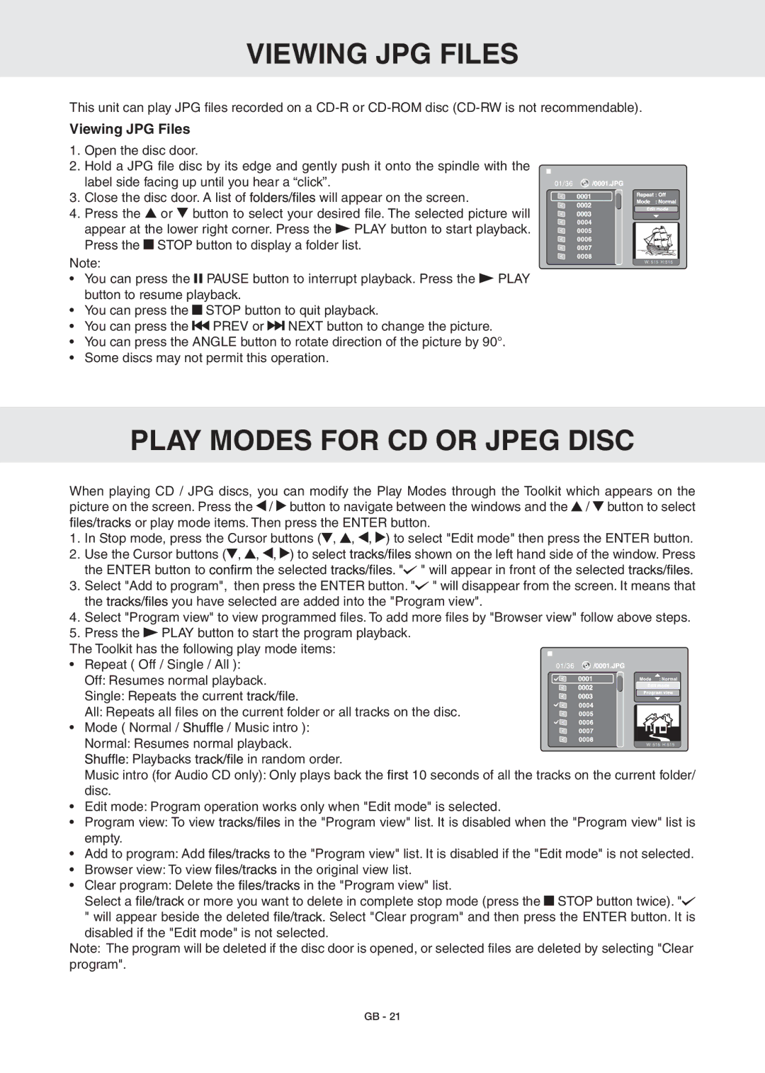 RCA DRC6389T owner manual Viewing JPG Files, Play Modes for CD or Jpeg Disc 