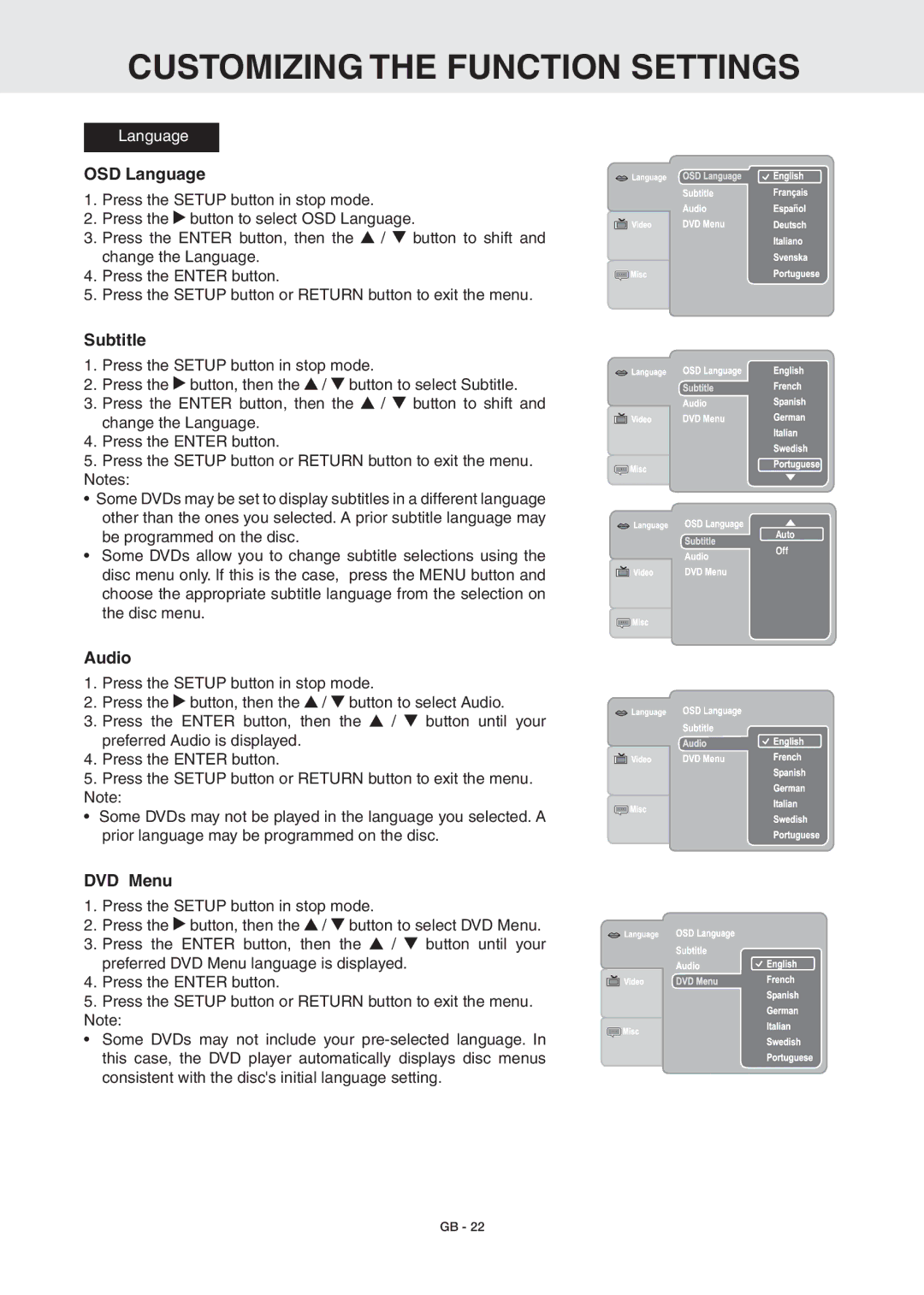 RCA DRC6389T owner manual Customizing the Function Settings, OSD Language, Subtitle, Audio, DVD Menu 