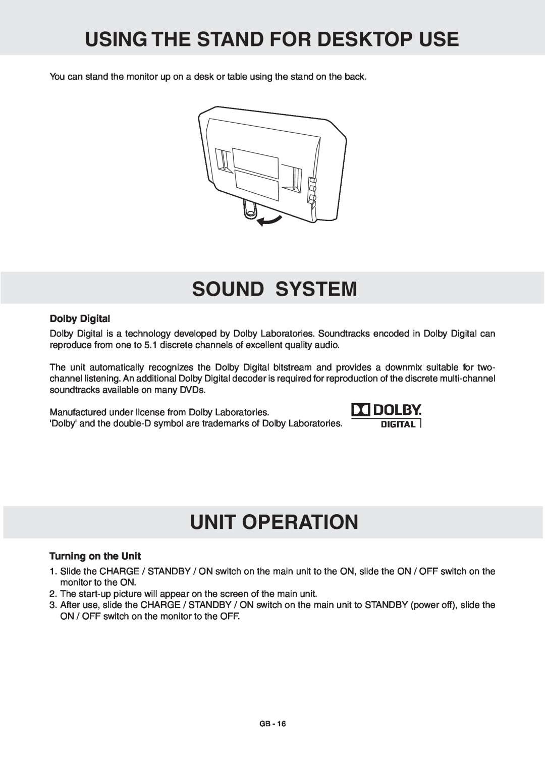 RCA DRC6389T owner manual Using The Stand For Desktop Use, SOUND system, Unit operation, Dolby Digital, Turning on the Unit 