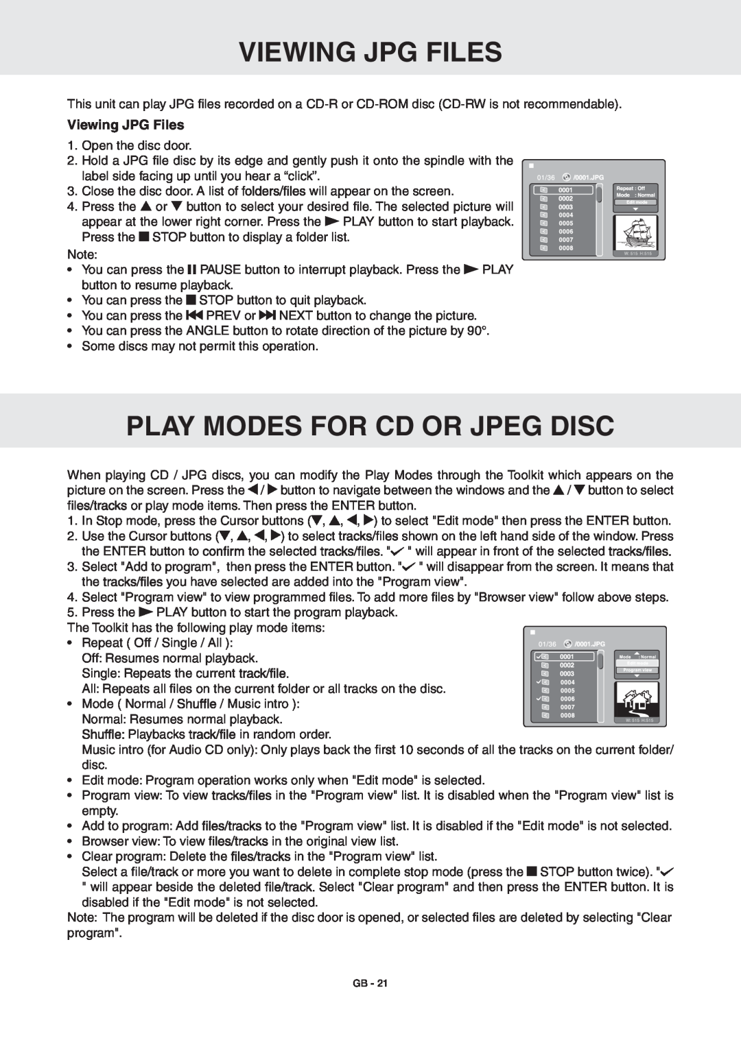 RCA DRC6389T owner manual Viewing Jpg Files, Play Modes For Cd Or Jpeg Disc, Viewing JPG Files 