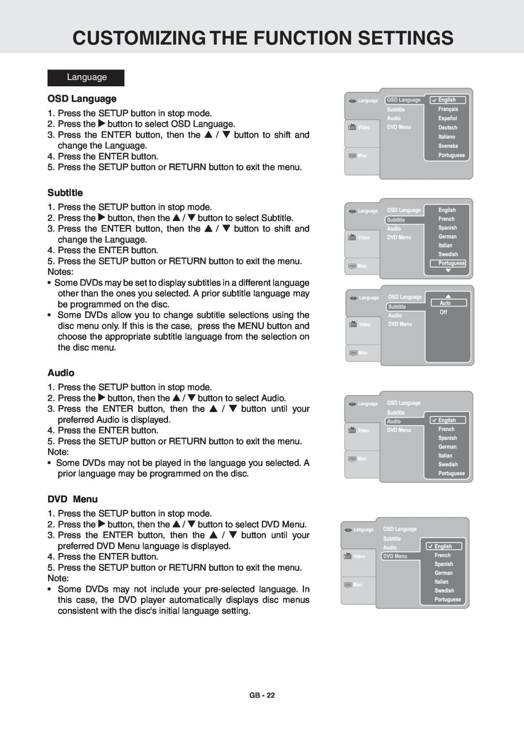 RCA DRC6389T owner manual Customizing The Function Settings, OSD Language, Subtitle, Audio, DVD Menu 