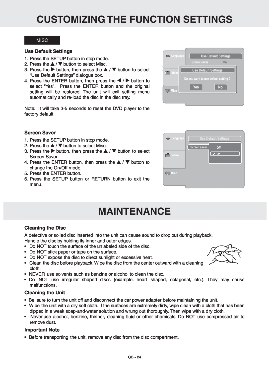 RCA DRC6389T Maintenance, Use Default Settings, Screen Saver, Cleaning the Disc, Cleaning the Unit, Important Note, Misc 