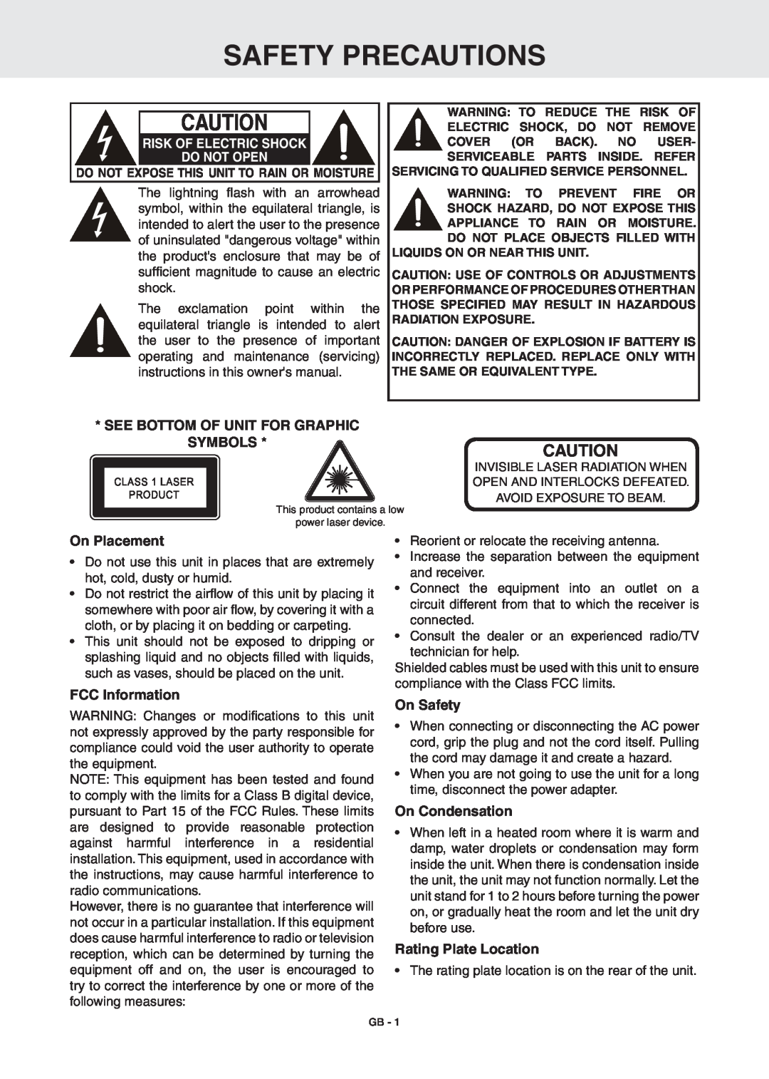 RCA DRC6389T Safety Precautions, See Bottom Of Unit For Graphic, Symbols, On Placement, FCC Information, On Safety 
