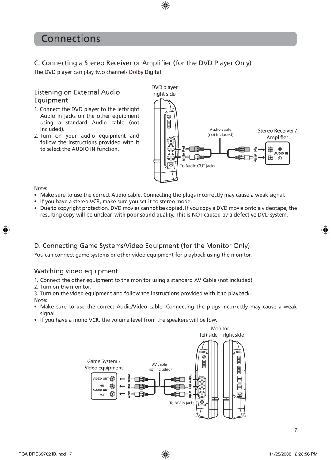 RCA DRC69702 user manual Listening on External Audio right side Equipment, Watching video equipment 