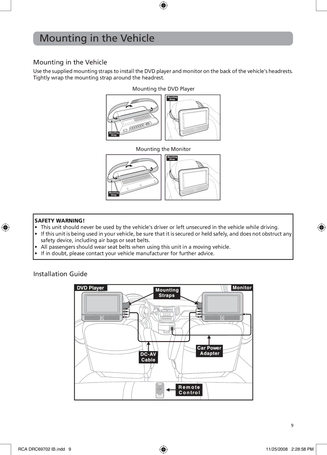 RCA DRC69702 user manual Mounting in the Vehicle, Installation Guide 