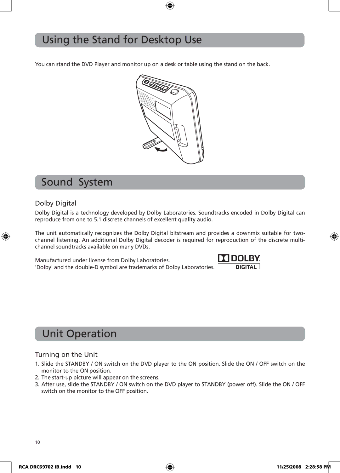 RCA DRC69702 user manual Using the Stand for Desktop Use, Sound System, Unit Operation, Dolby Digital, Turning on the Unit 