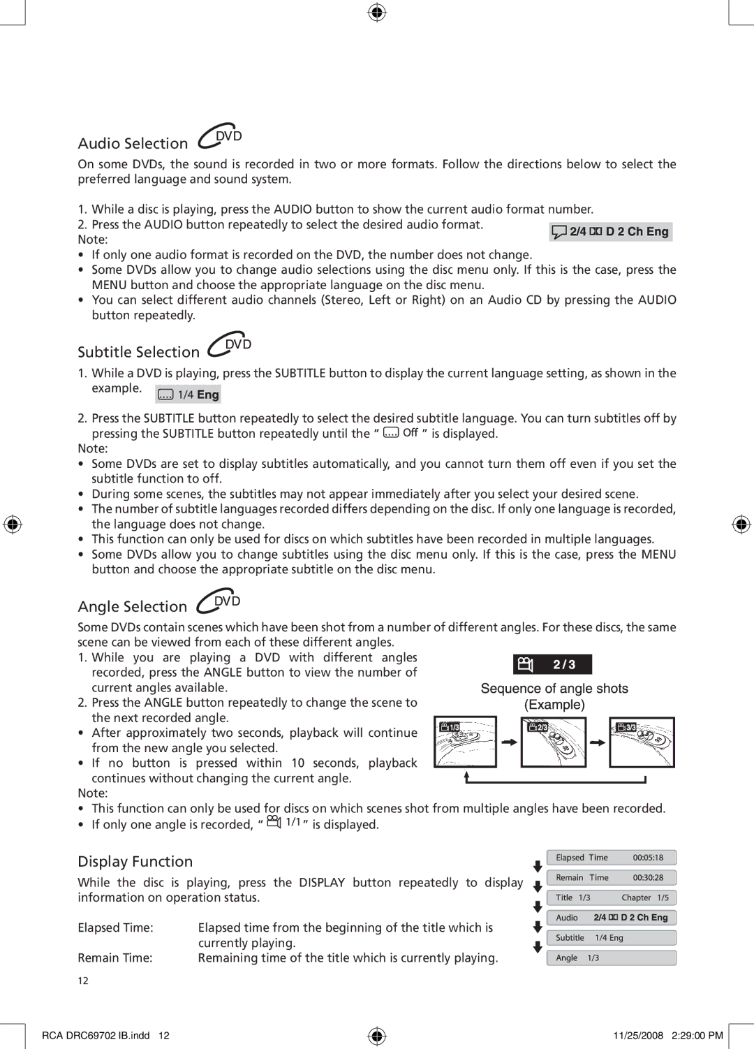 RCA DRC69702 user manual Audio Selection, Subtitle Selection, Angle Selection, Display Function 