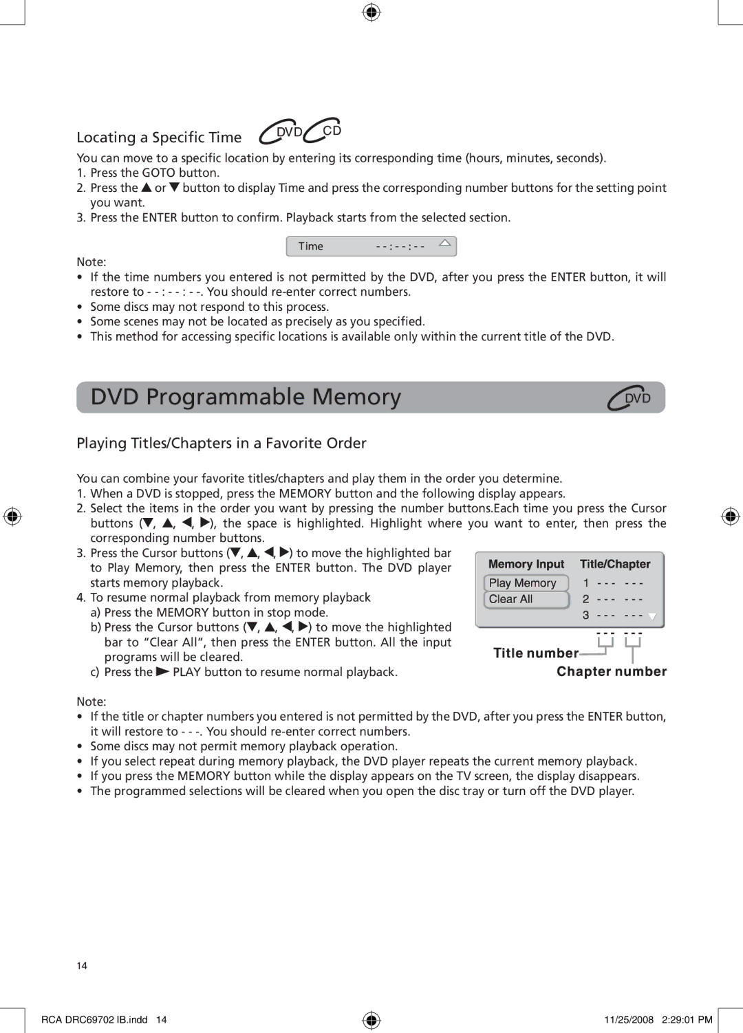 RCA DRC69702 user manual DVD Programmable Memory, Locating a Specific Time, Playing Titles/Chapters in a Favorite Order 