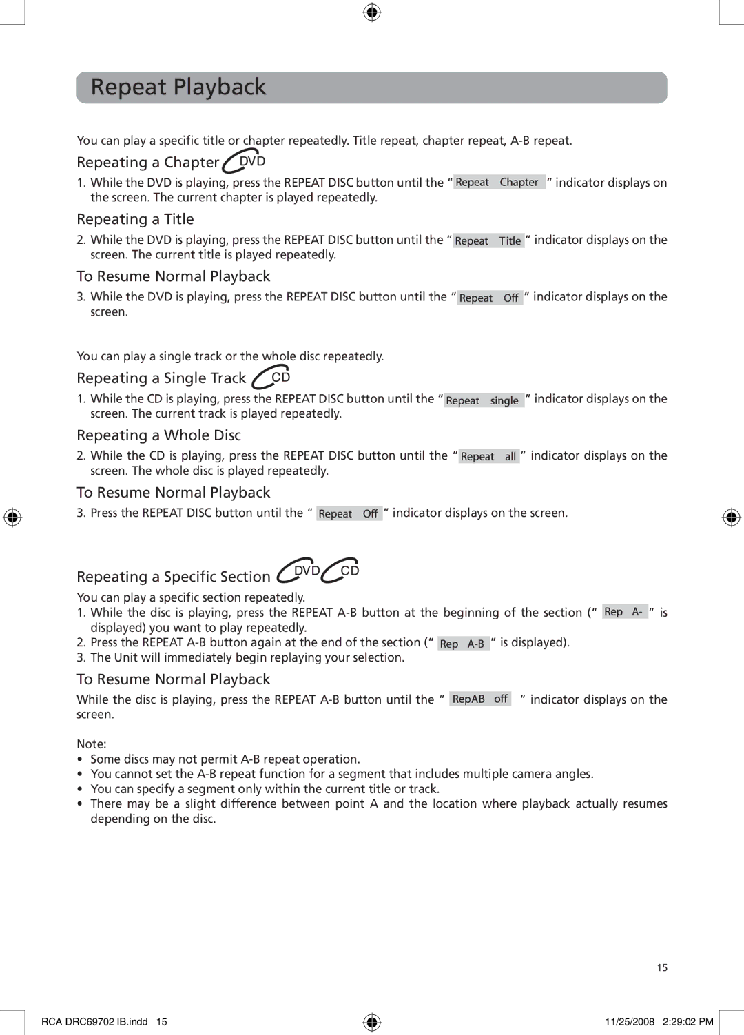 RCA DRC69702 user manual Repeat Playback 