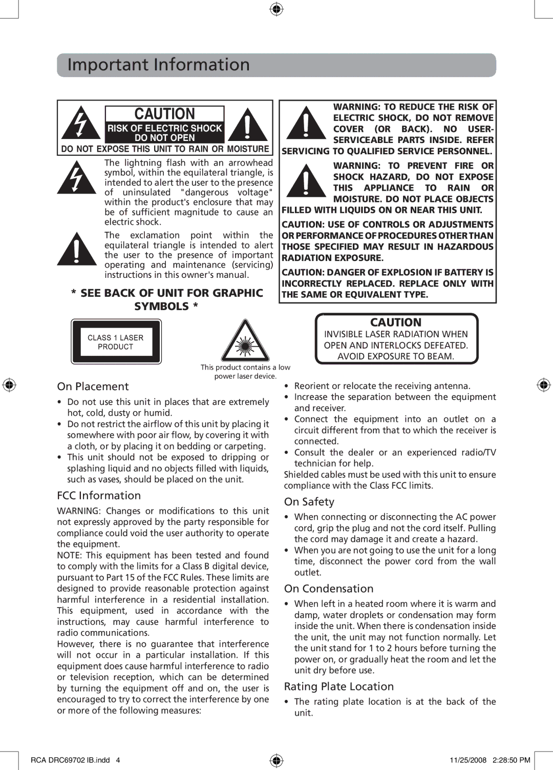 RCA DRC69702 Important Information, On Placement, FCC Information On Safety, On Condensation, Rating Plate Location 