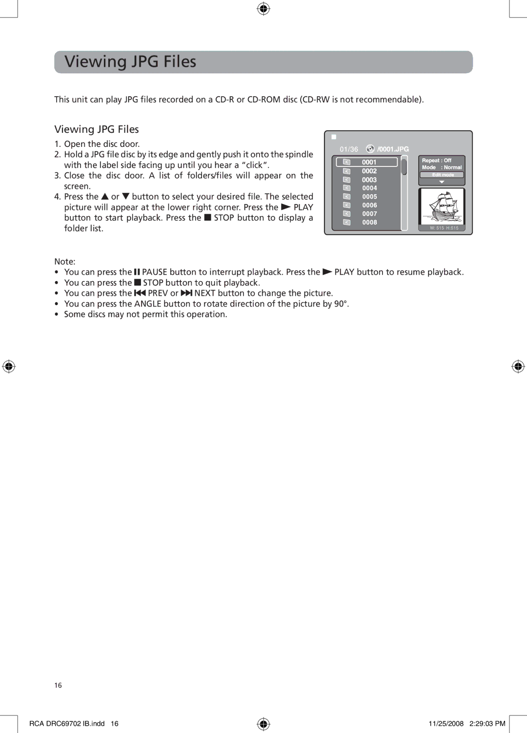 RCA DRC69702 user manual Viewing JPG Files 