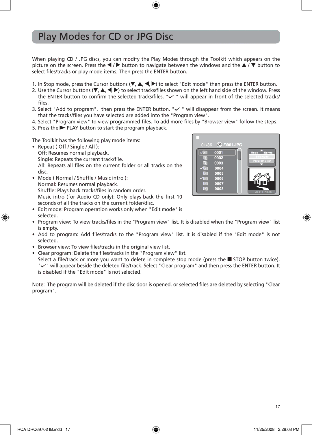 RCA DRC69702 user manual Play Modes for CD or JPG Disc 