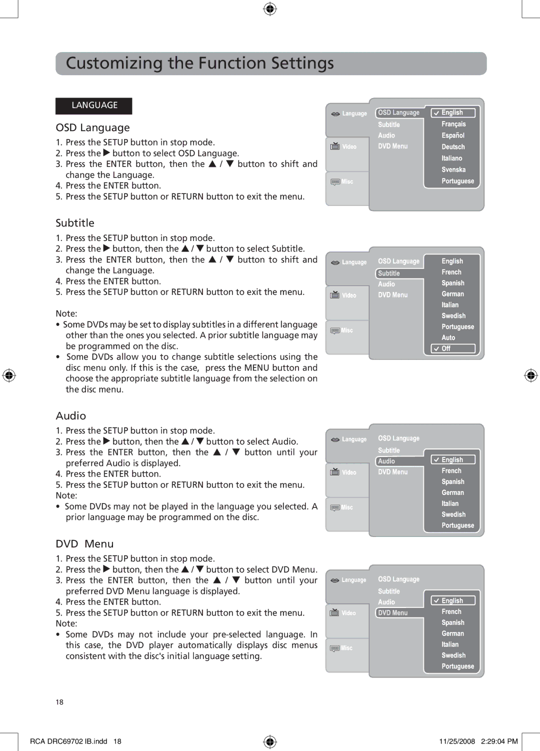 RCA DRC69702 user manual Customizing the Function Settings, OSD Language, Subtitle, Audio, DVD Menu 