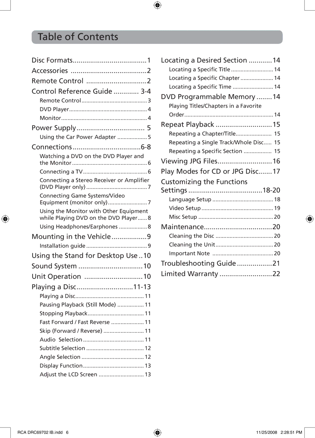 RCA DRC69702 user manual Table of Contents 