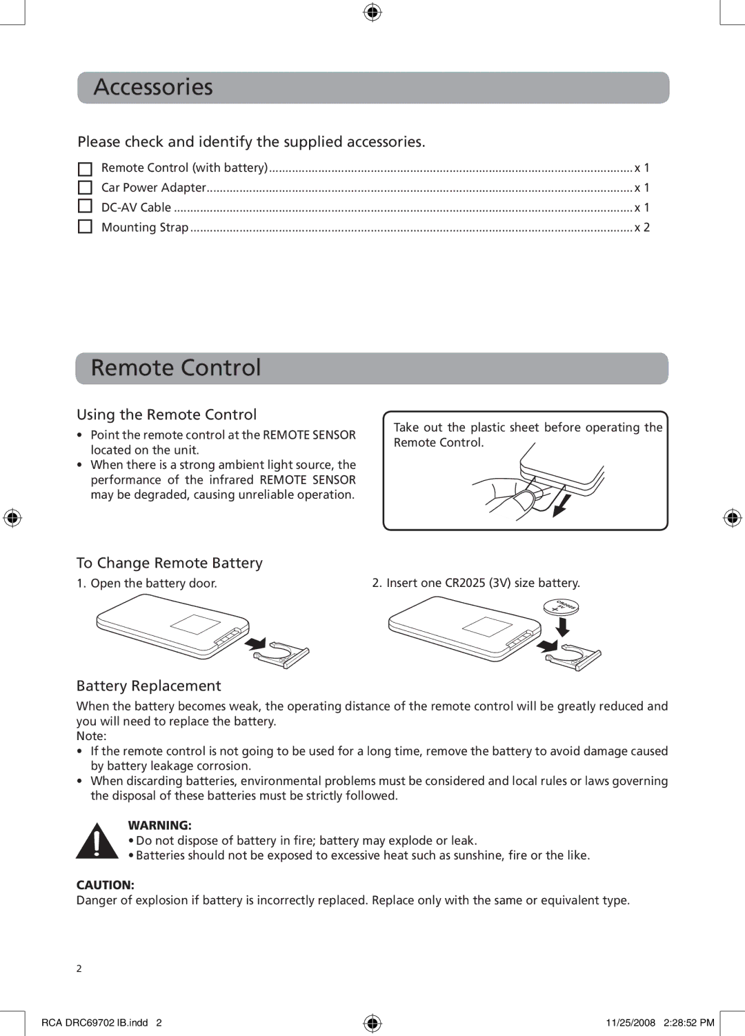 RCA DRC69702 user manual Accessories, Remote Control 