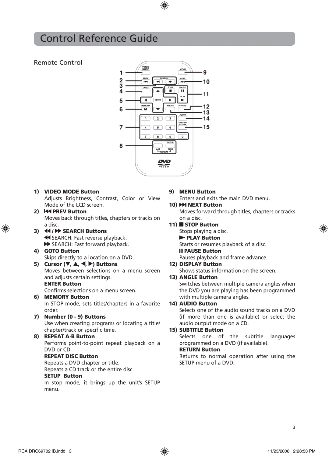 RCA DRC69702 user manual Control Reference Guide, Remote Control 