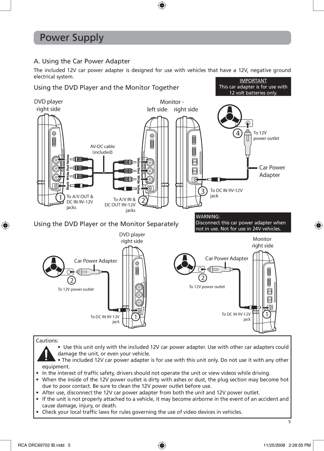 RCA DRC69702 user manual Power Supply, Using the Car Power Adapter, Using the DVD Player or the Monitor Separately 