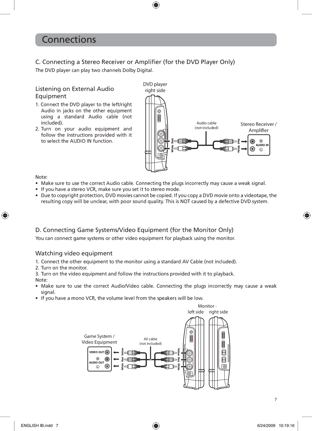 RCA DRC69705 user manual Listening on External Audio Equipment, Watching video equipment 