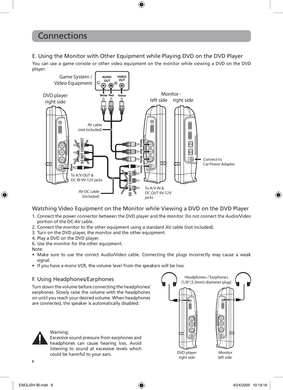 RCA DRC69705 user manual Using Headphones/Earphones, Game System Video Equipment DVD player Right side 