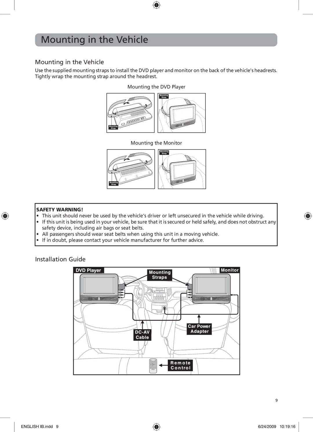 RCA DRC69705 user manual Mounting in the Vehicle, Installation Guide 