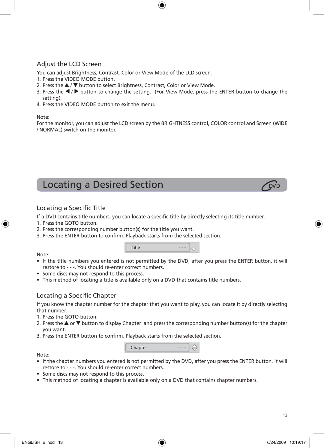 RCA DRC69705 Locating a Desired Section, Adjust the LCD Screen, Locating a Specific Title, Locating a Specific Chapter 