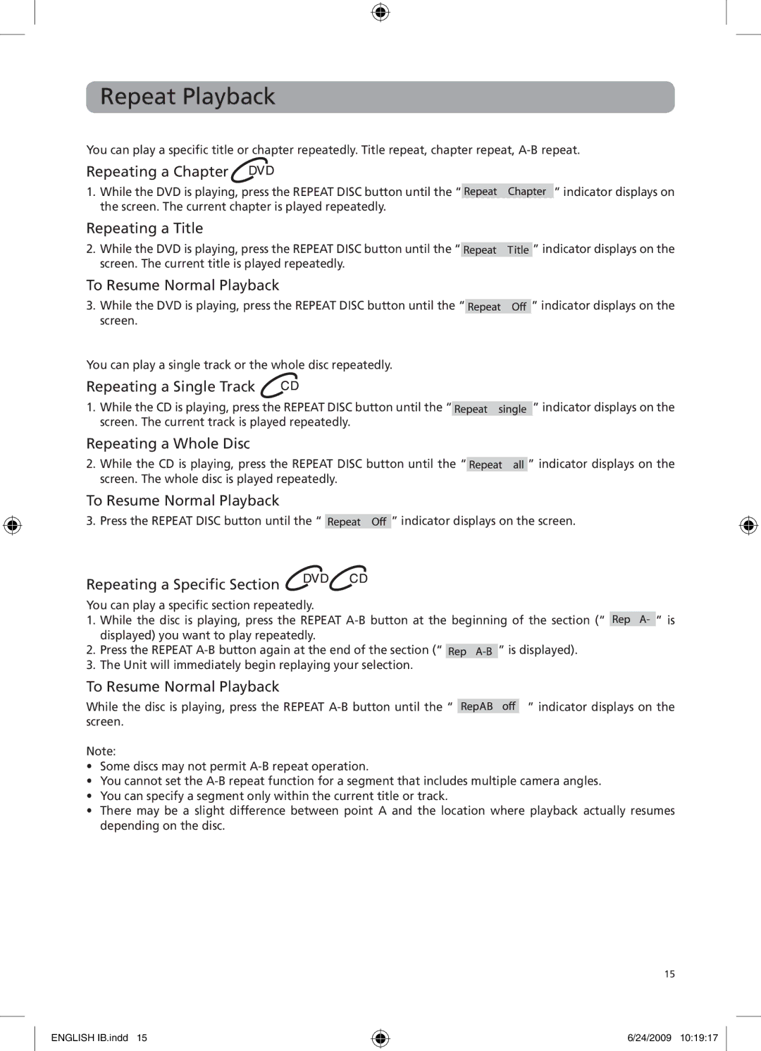 RCA DRC69705 user manual Repeat Playback 