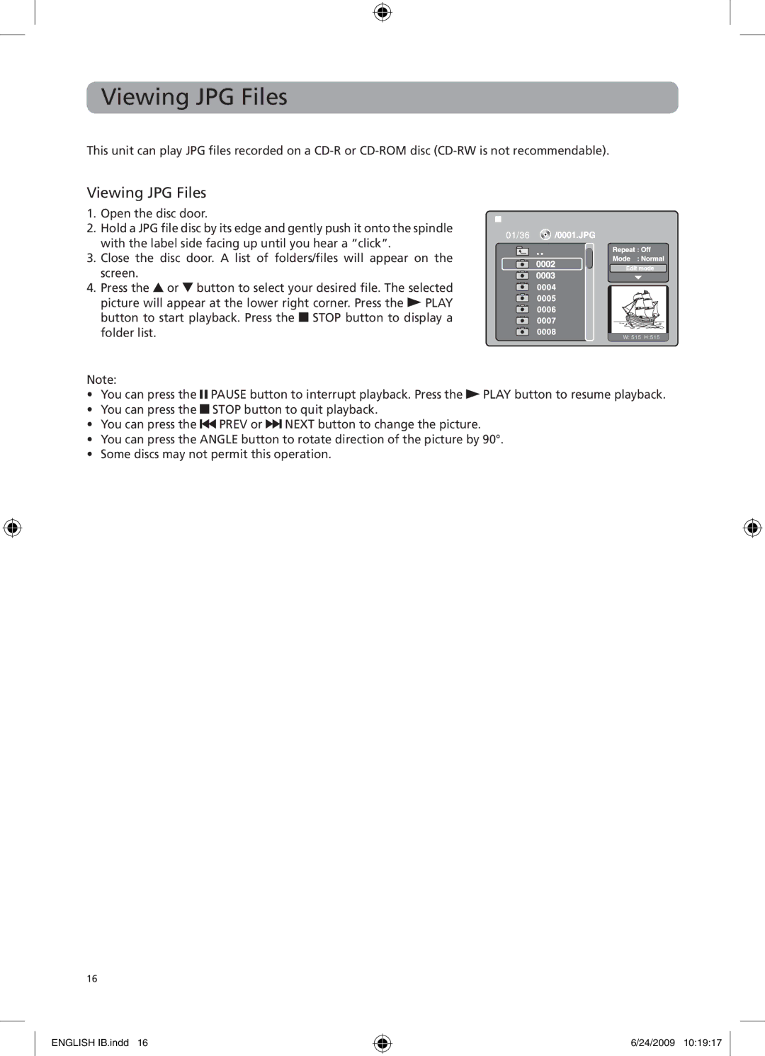 RCA DRC69705 user manual Viewing JPG Files 