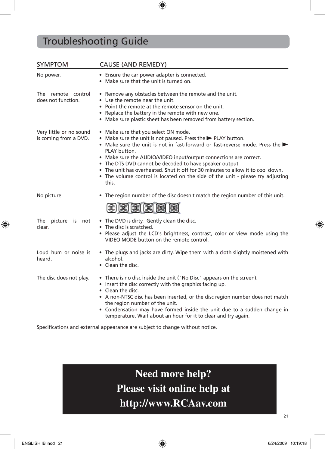 RCA DRC69705 user manual Troubleshooting Guide, Symptom Cause and Remedy 