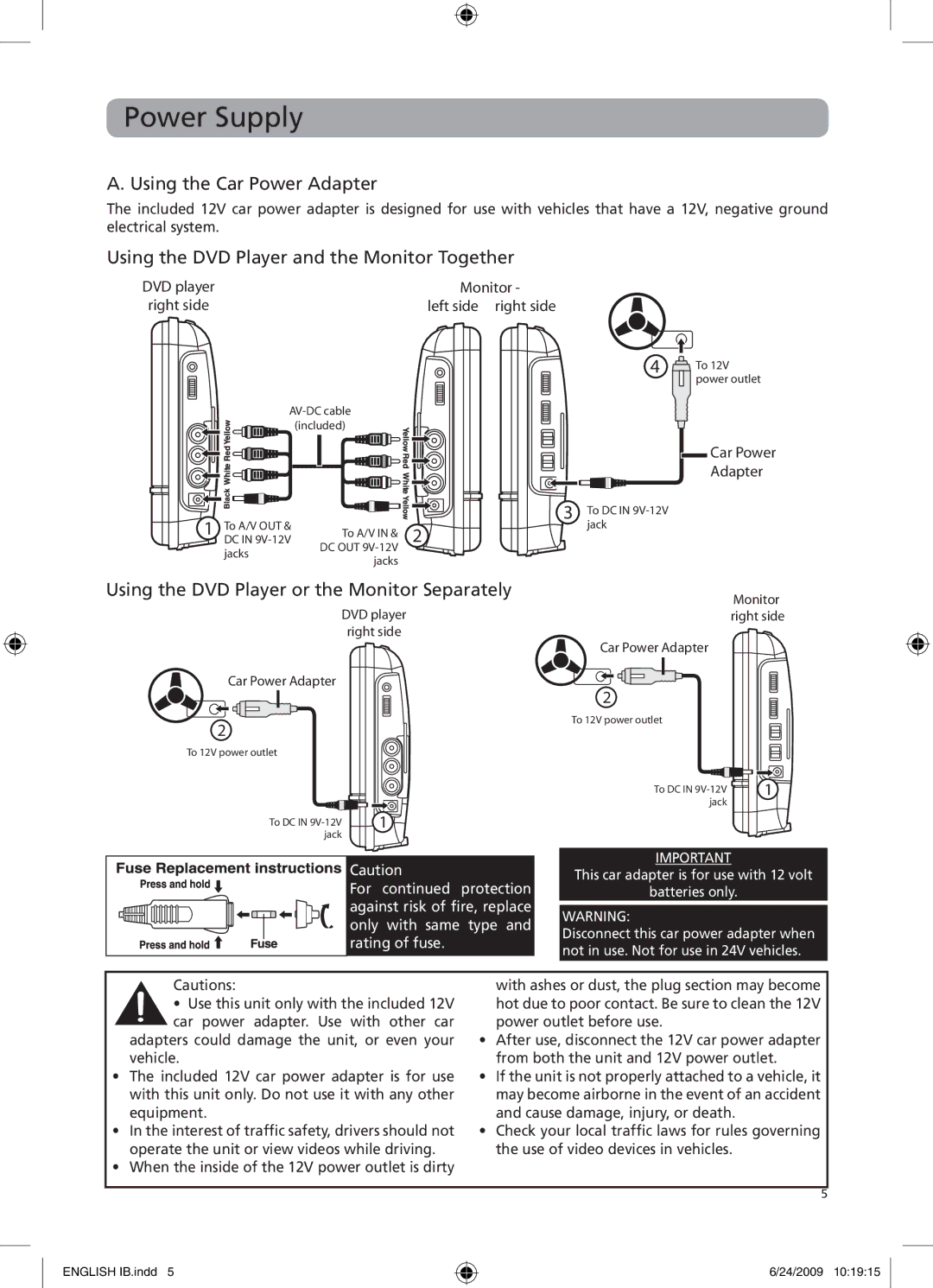 RCA DRC69705 user manual Power Supply, Using the Car Power Adapter, Using the DVD Player and the Monitor Together 