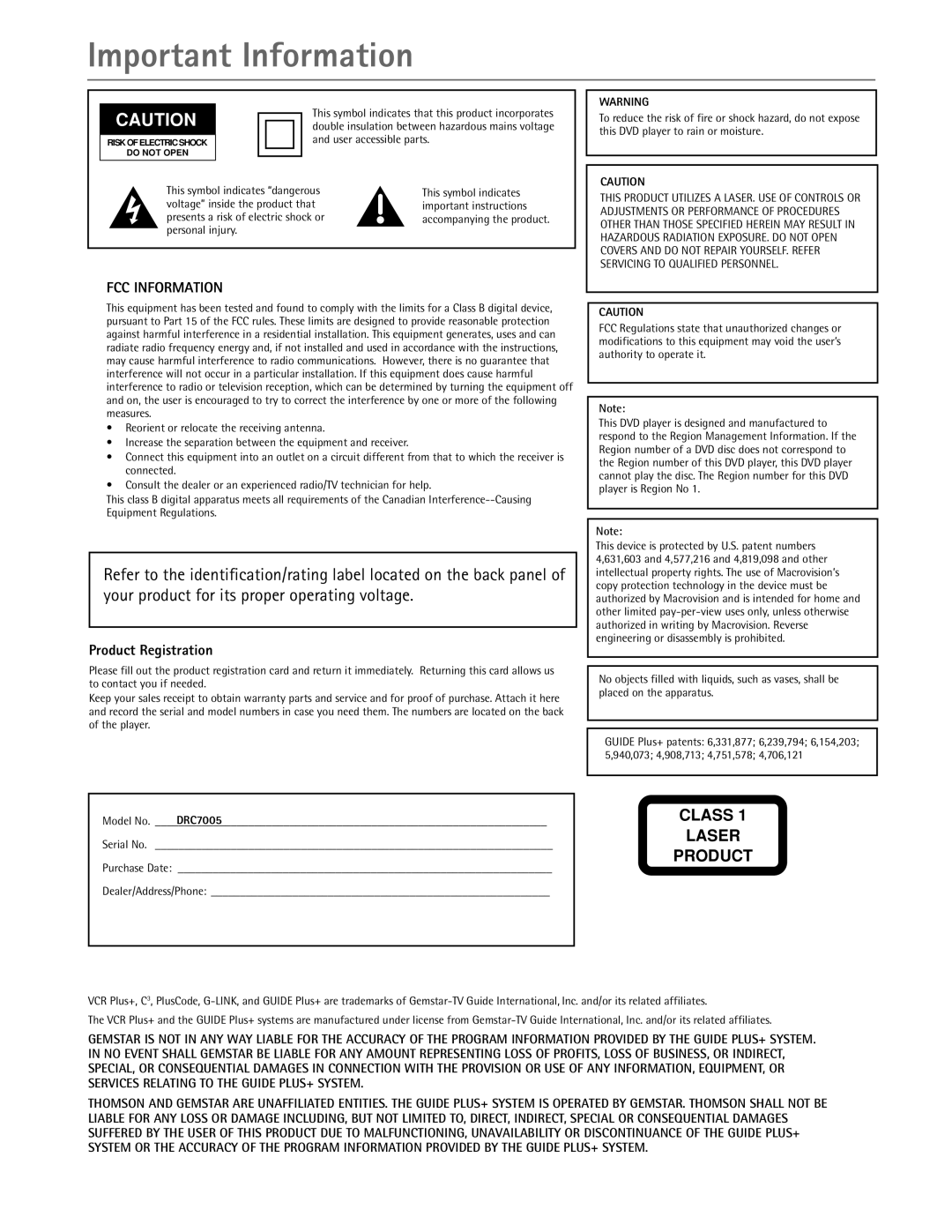 RCA DRC7005N manual Important Information, Product Registration 