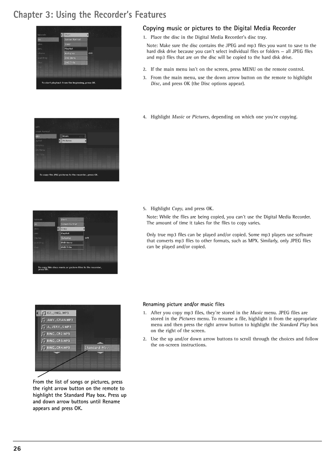 RCA DRC7005N manual Copying music or pictures to the Digital Media Recorder, Renaming picture and/or music files 