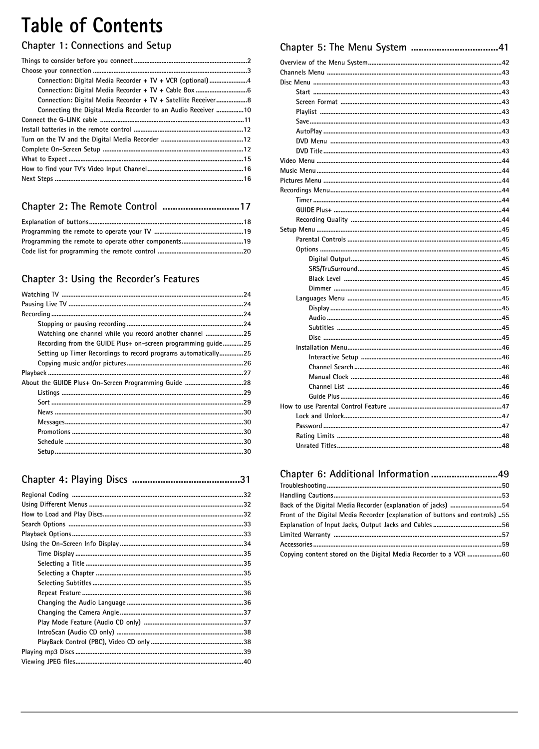 RCA DRC7005N manual Table of Contents 