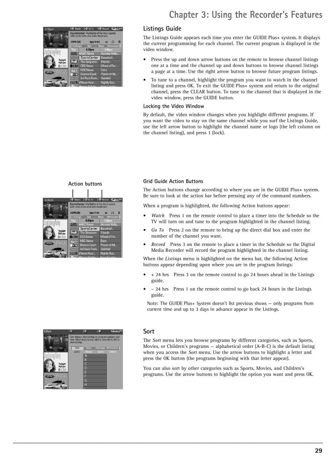 RCA DRC7005N manual Listings Guide, Sort, Locking the Video Window, Grid Guide Action Buttons 