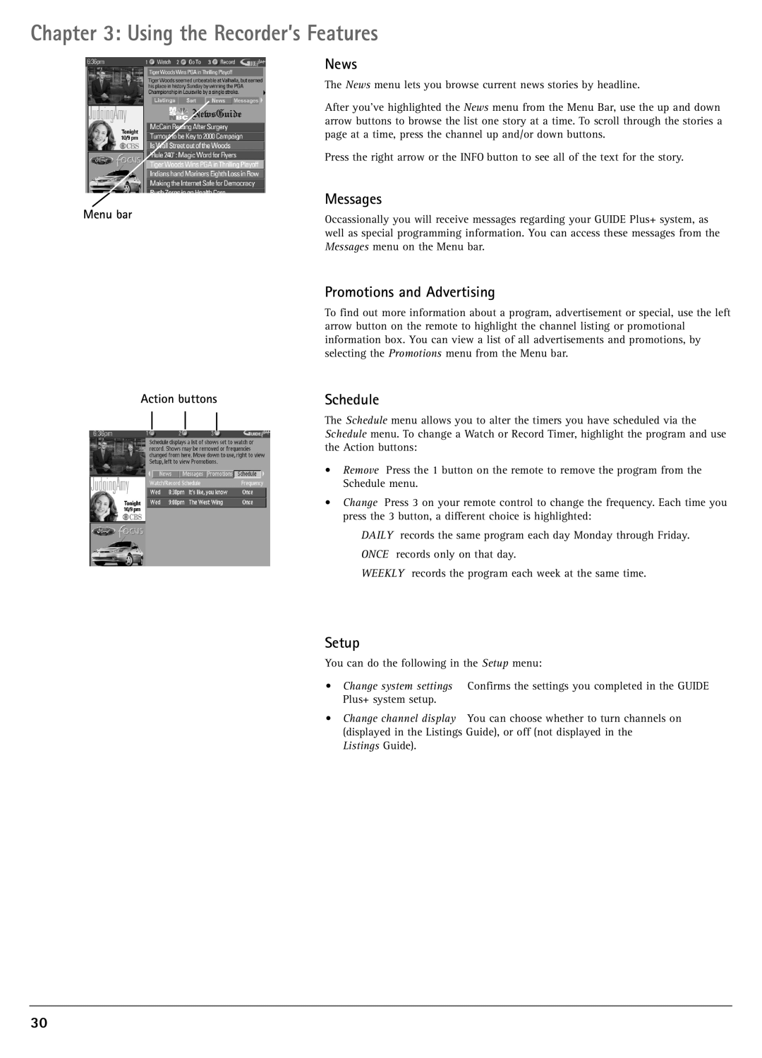 RCA DRC7005N manual News, Messages, Promotions and Advertising, Schedule, Setup 