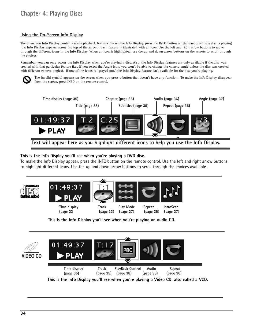 RCA DRC7005N Using the On-Screen Info Display, Time display Chapter Audio Angle Title Subtitles Repeat, Time display Track 