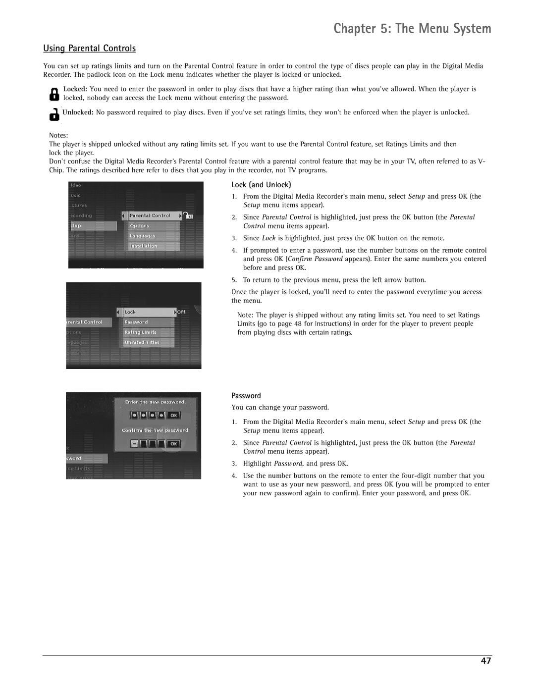 RCA DRC7005N manual Using Parental Controls, Lock and Unlock, Password 