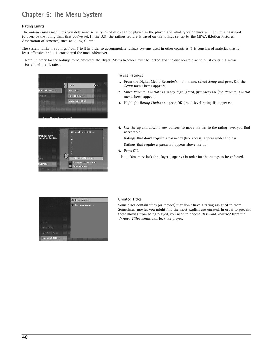 RCA DRC7005N manual Rating Limits, To set Ratings, Unrated Titles 